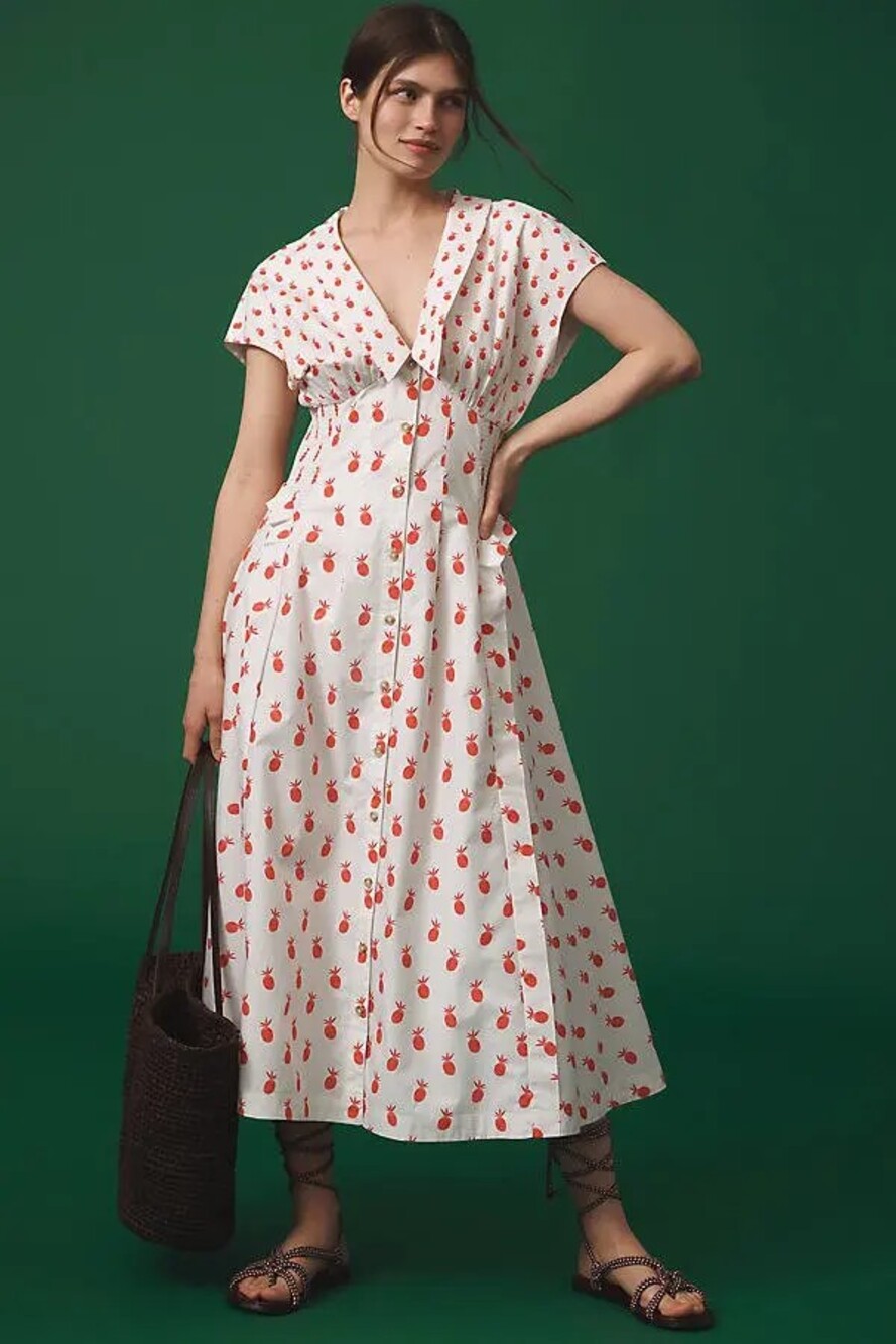 By Anthropologie Short-Sleeve V-Neck Pleated Midi Dress Strawberry Red White